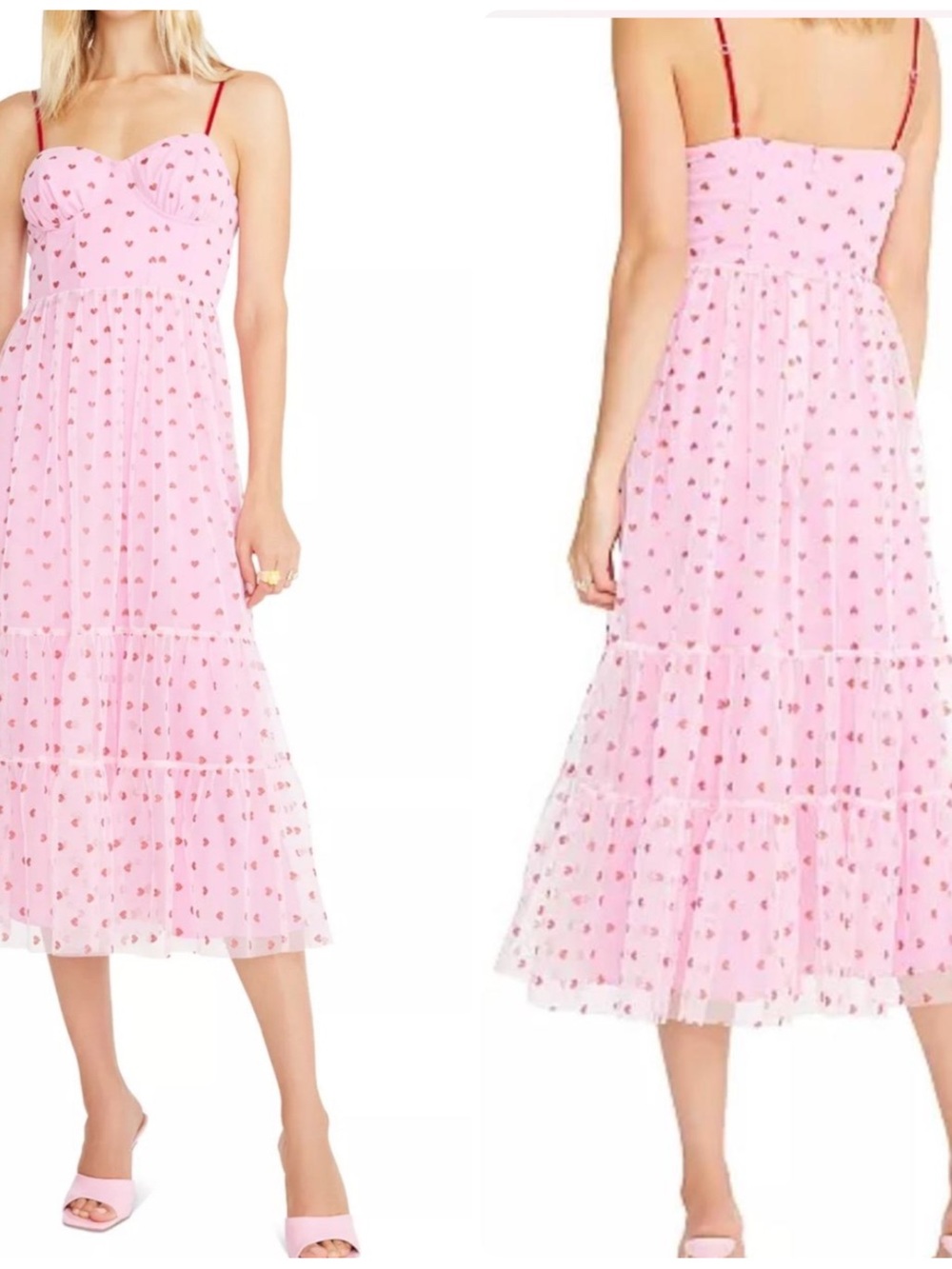 Betsey Johnson Foil Heart Print Tiered Sweetheart Midi Dress Pale Pink